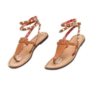 Valentino Garavani Rockstud Leather Ankle Wrap Flat Sandals Brown SZ EU 37/US 7